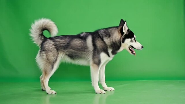 Strong Siberian Husky Dog on Green Isolated Background