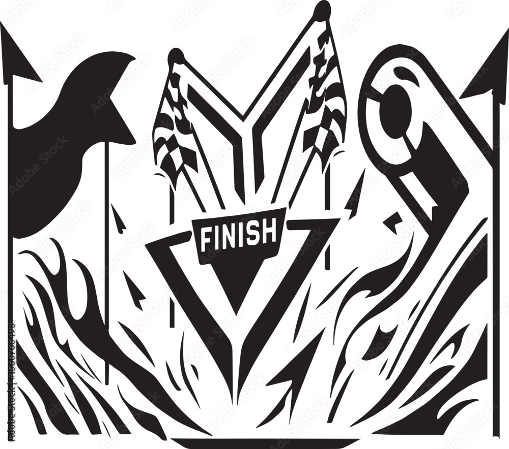 Poster black and white graphic design of a finish line with flags and flames in a modern style design
