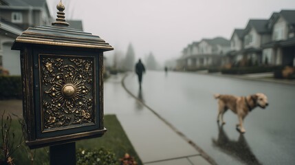 Obraz premium A lone dog walks down a misty suburban street with a person in the distance and an ornate lamppost in the foreground.
