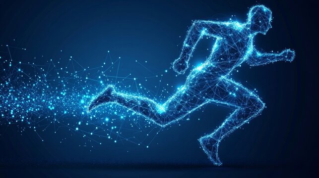 Dynamic digital runner sprinting with glowing particles, showcasing speed and cutting-edge technology in motion.