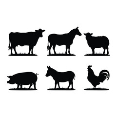 Six black silhouettes of farm animals, including a cow, horse, sheep, pig, donkey, and rooster. animals vector