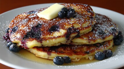 Delicious Blueberry Pancakes Topped with Butter and Syrup