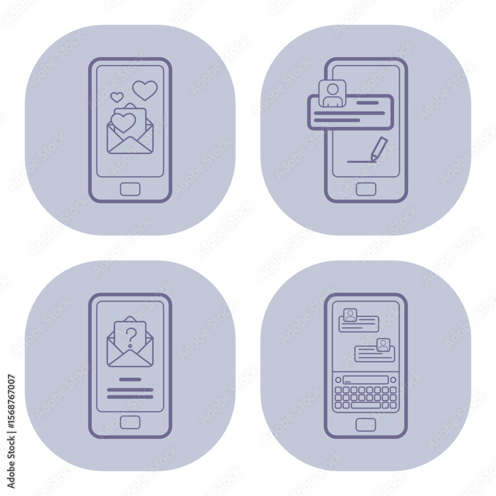 Poster collection of various line icons illustrating different communication methods on mobile devices, suc