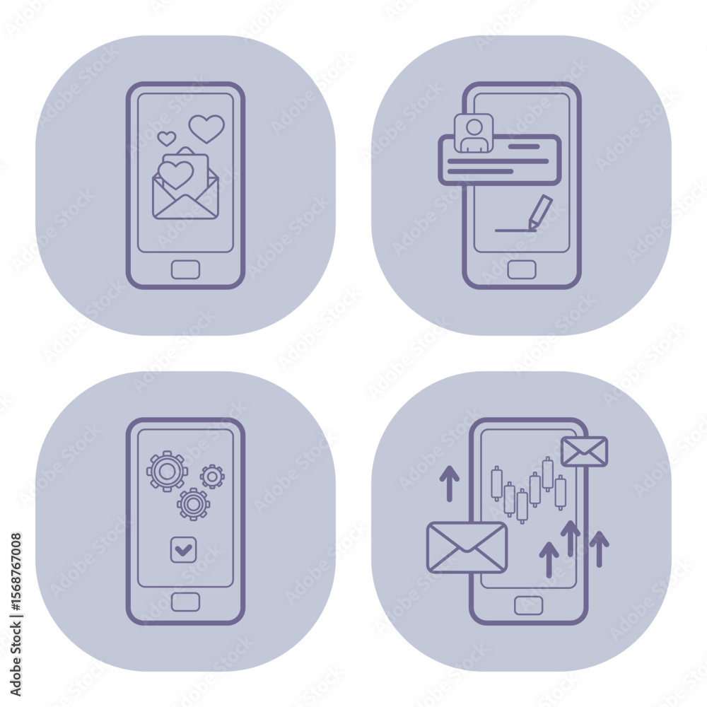Poster four line icons of mobile app notifications including messages, user profiles, settings, and analyti