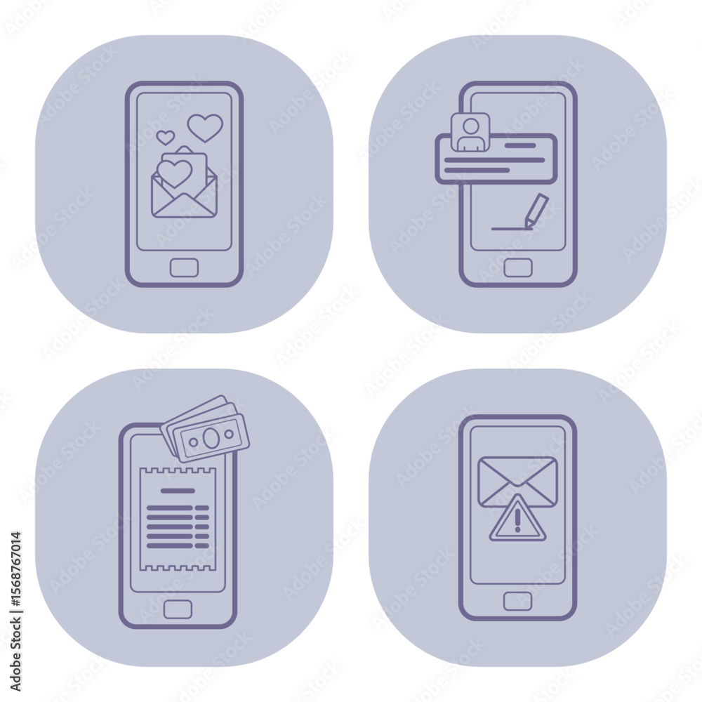 Poster collection of line icons illustrating various mobile activities including messaging, payment process