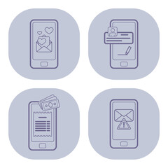 Collection of line icons illustrating various mobile activities including messaging, payment processing, data entry, and notifications on smartphones in simple design style