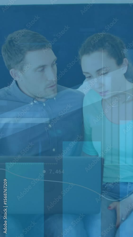 Poster animation of financial data processing and statistics over caucasian couple