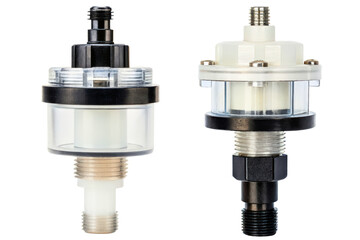 Transparent industrial fluid filters with metal connectors and caps isolated with transparent background