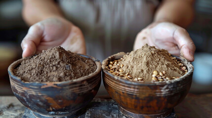 Hands holding bowls of cocoa powder and grains