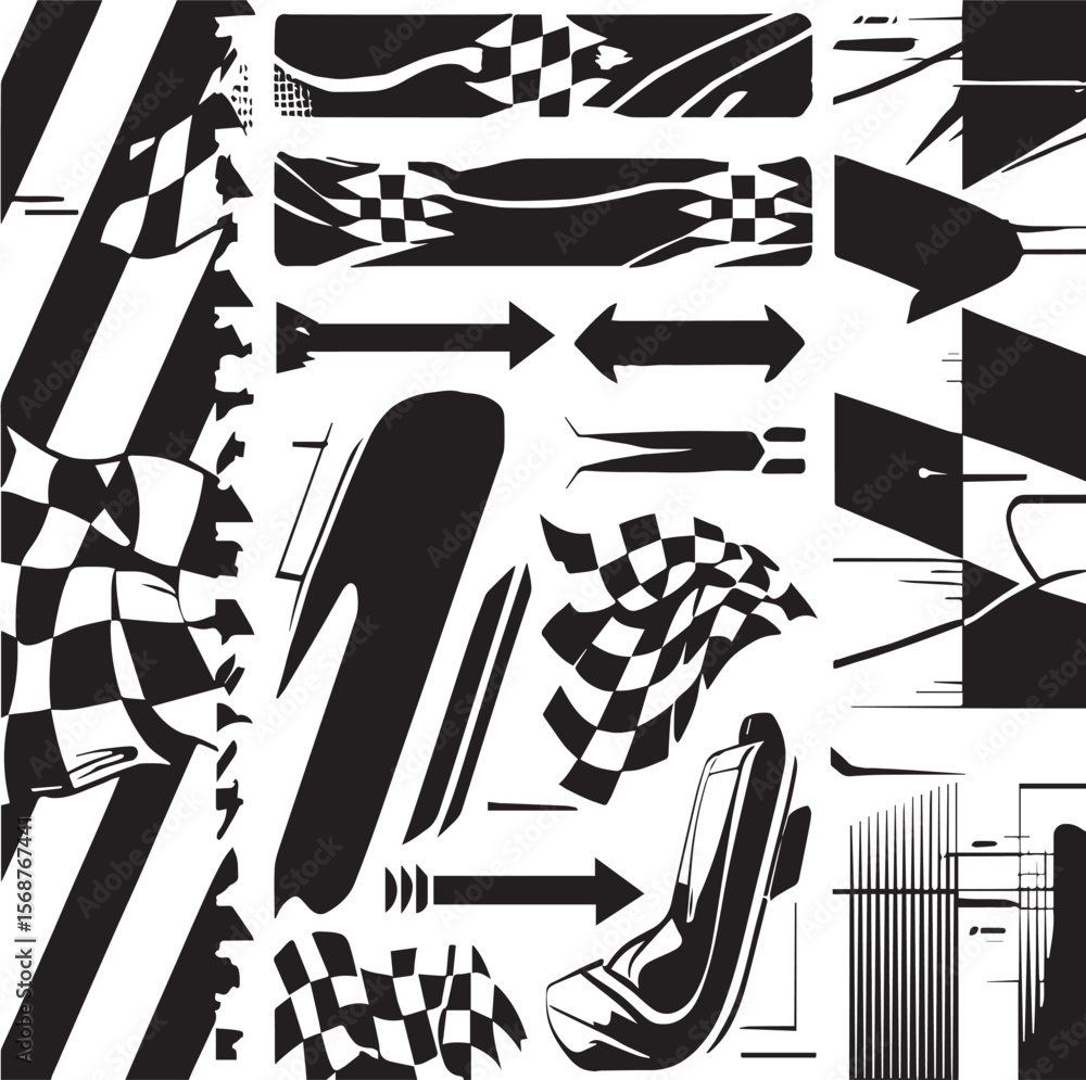 Poster a collection of racing themed graphics featuring checkered flags and arrow designs in black white an