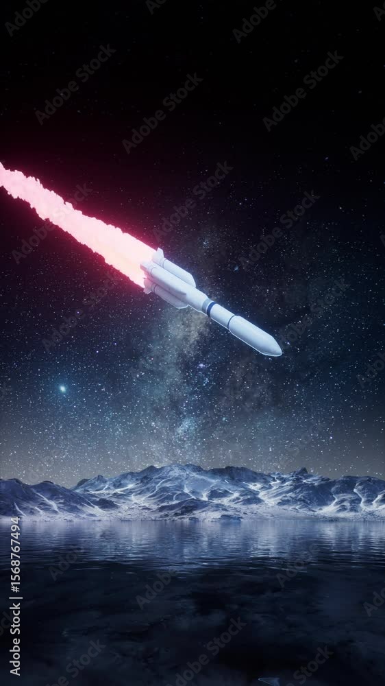 Poster a space rocket landing with starry background, 3d rendering.
