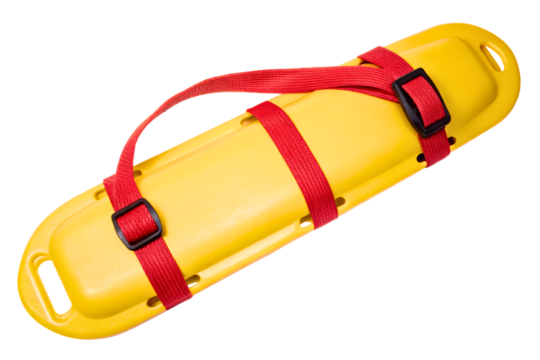 Yellow lifeguard rescue float with red adjustable straps isolated with transparent background