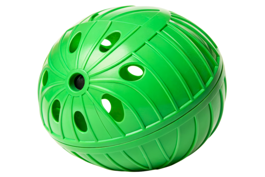 Green plastic pet toy ball with large circular openings isolated with transparent background