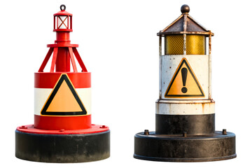 Two isolated marine navigational warning buoys with signs isolated with transparent background