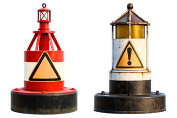 Two isolated marine navigational warning buoys with signs isolated with transparent background