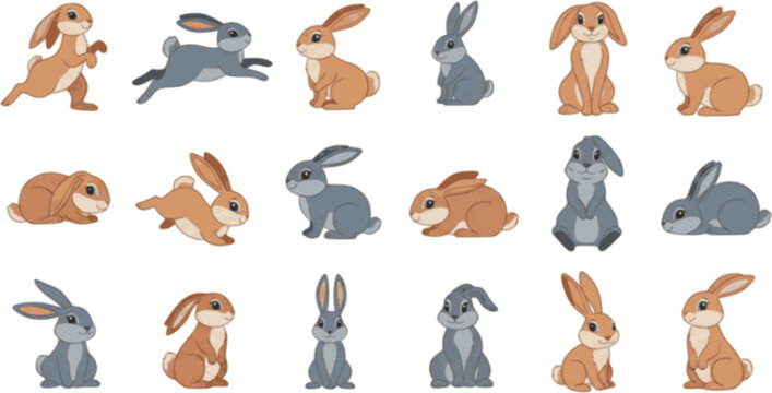 Vector set of cute rabbits in cartoon style. Bunny pet silhouette in different poses. Hare and rabbit colorful animals collection.
