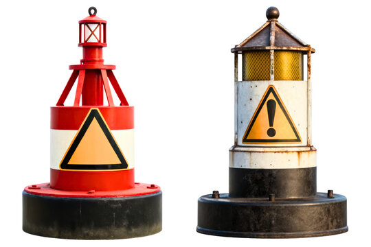 Two isolated marine navigational warning buoys with signs isolated with transparent background