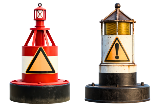 Two isolated marine navigational warning buoys with signs isolated with transparent background