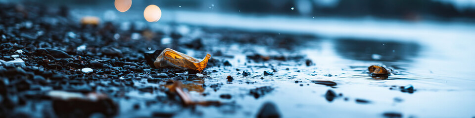 Obraz premium Amber Fragment on Wet Pebbles near Water