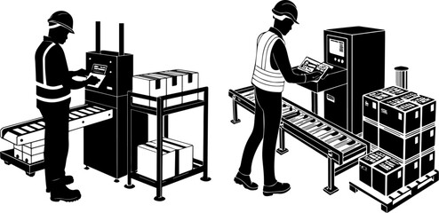 Industrial Workers Operating Packaging and Logistics Machinery in Warehouse