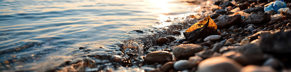 Sunset Beach Scene with Glass and Rocks