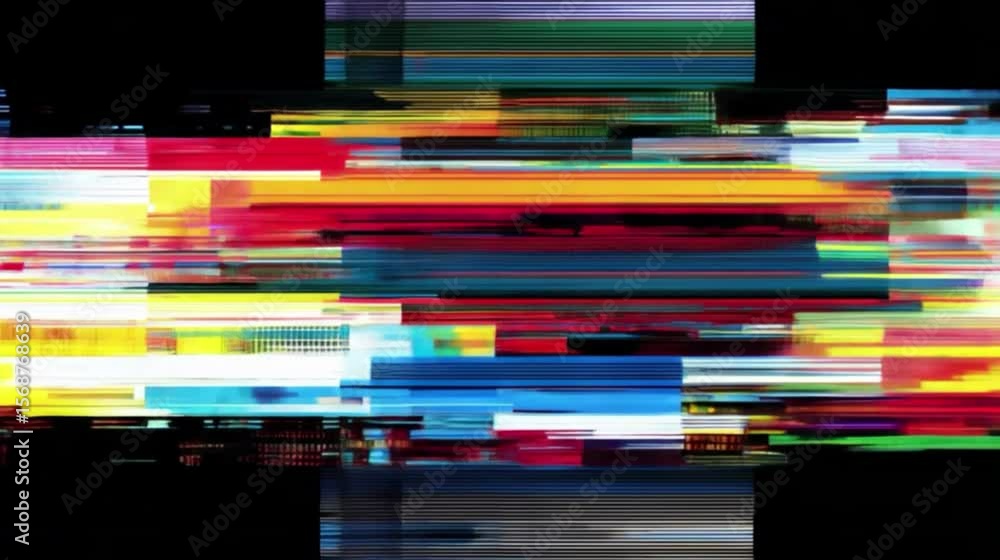 Poster Vibrant Digital Artwork Featuring Horizontal Neon Glitch Burst with Colorful Streaks and Abstract Patterns Creating Dynamic and Energetic Visual Effect in Spectrum of Colors