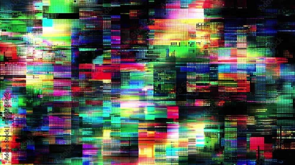 Aufkleber Vibrant Digital Artwork Pixelated Grid with Spectrum Colors and Glitch Effect, Dynamic Abstract Blend of Bright Hues and Geometric Patterns