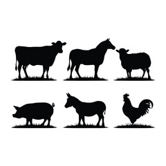 Six black silhouettes of farm animals, including a cow, horse, sheep, pig, donkey, and rooster. animals vector animal silhouette