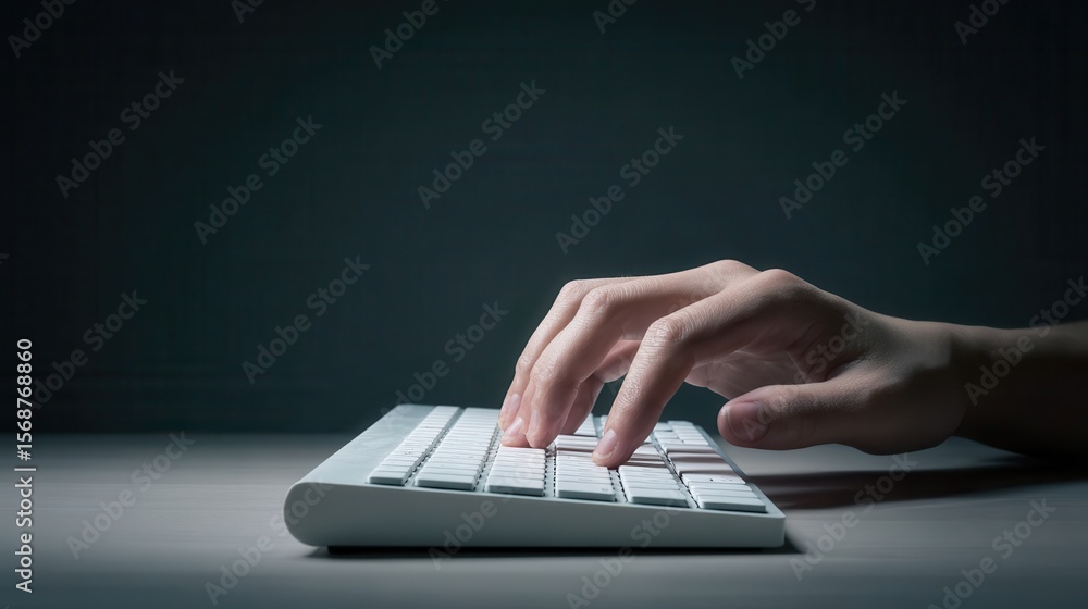 Aufkleber hands typing on a white keyboard in a dark setting.