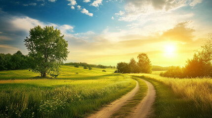 green field and blue sky. field and clouds