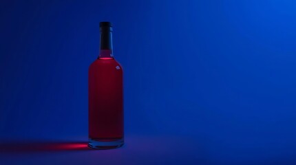 Dramatic lit still life featuring an elegant red liquid filled bottle
