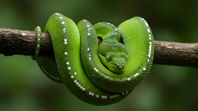 Vivid Green Snake with White Spots Coiled Around Branch in Lush Green Background
