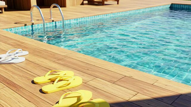 Vivid Yellow And White Flip Flops Arranged On Wooden Deck Beside A Turquoise Pool Under Natural Lighting In Summer