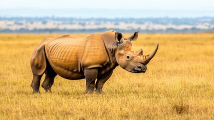 Fototapeta premium White rhinoceros in a golden savanna.