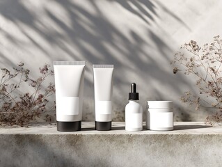 Minimalist skincare product mockup showcases lotion tubes, serum bottle, and face cream jar with dried plants against a textured wall, perfect for cosmetic branding.