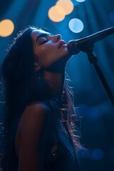 The singer belts out her song on stage, with the light spots under the stage lights drifting along with her voice