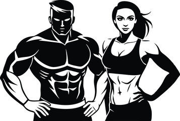 Strong fitness couple with muscular bodies in black and white vector illustration