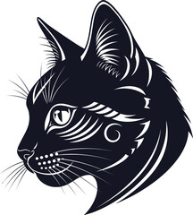 Illustration of a black cat head with white details on white background