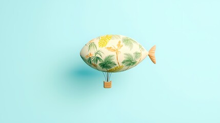 Whimsical tropical fish shaped airship floating against a pastel blue background.  Concept of travel, adventure, summer, and escapism.