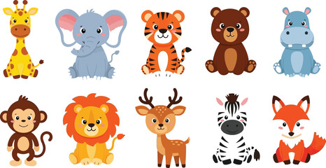 Cartoon animals arranged in two rows on a white background design