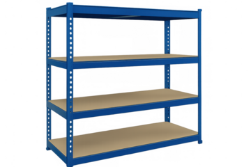 Metallic blue shelving unit featuring wooden planks, standing against transparent backdrop, optimizing product display and storage organization
