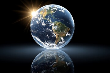 Bright sunrise over north and south america continents on planet earth with reflection