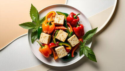 Stir Fried Sesame Tofu with Colorful Peppers and Basil Served on a Clean White Plate

