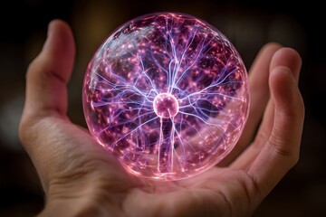 Close up of a glowing plasma ball with electrical tendrils held gently in an open human hand