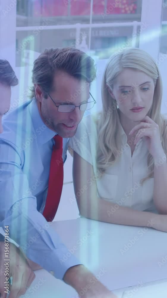 Poster animation of interface with data processing over diverse businesspeople over a plan at office