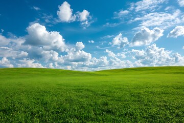 Fototapeta premium Vast rolling green hills under a bright blue sky with fluffy white cumulus clouds on a sunny day