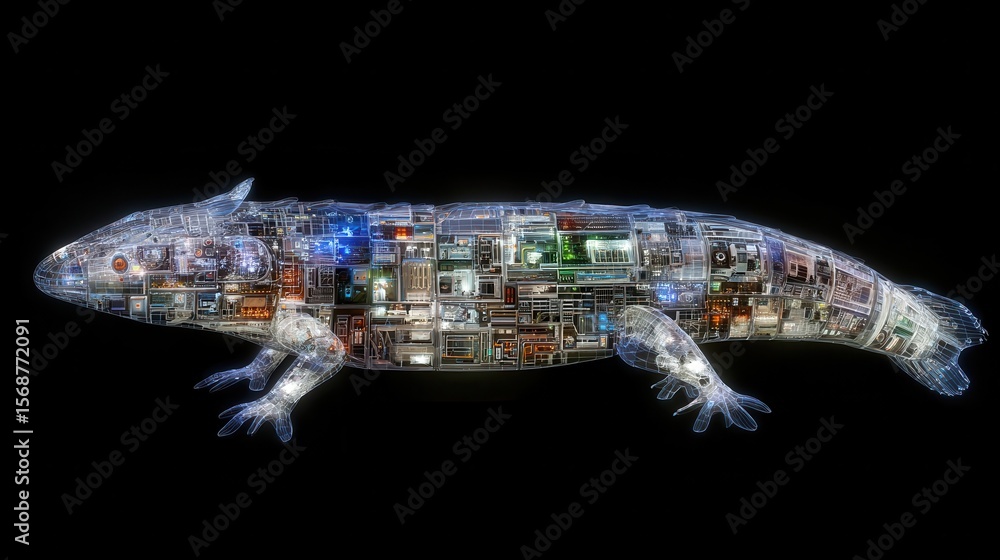 Poster a digital rendering of a lizard comprised of intricate technological components.