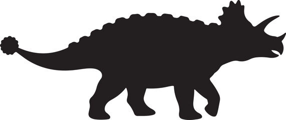 Black silhouette of a walking triceratops dinosaur with horns and frill