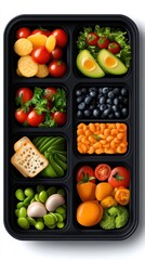 A vibrant, meticulously arranged healthy meal prep lunchbox showcasing colorful vegetables, fruits, beans, and grains perfect for office work and a balanced diet.