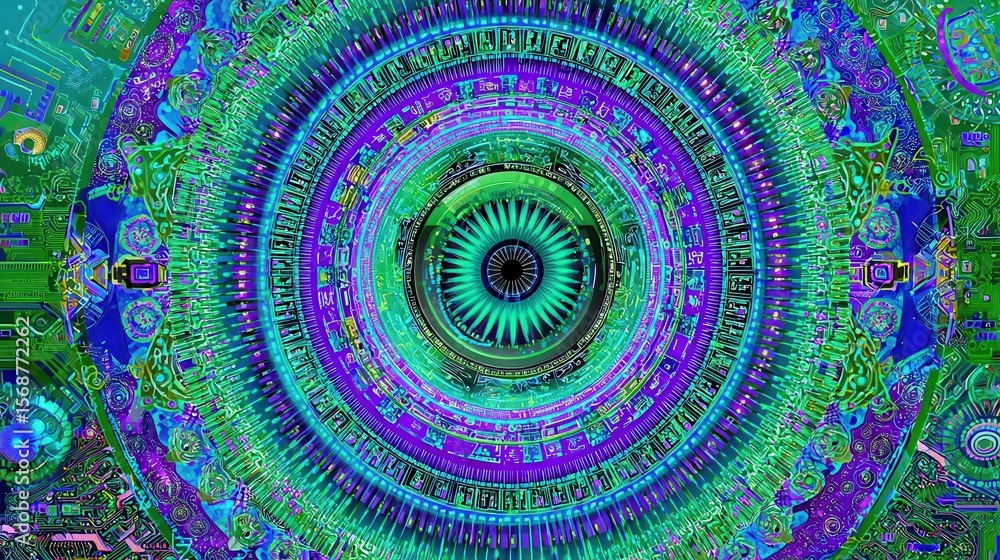 Poster abstract design with concentric circles and vibrant colors.
